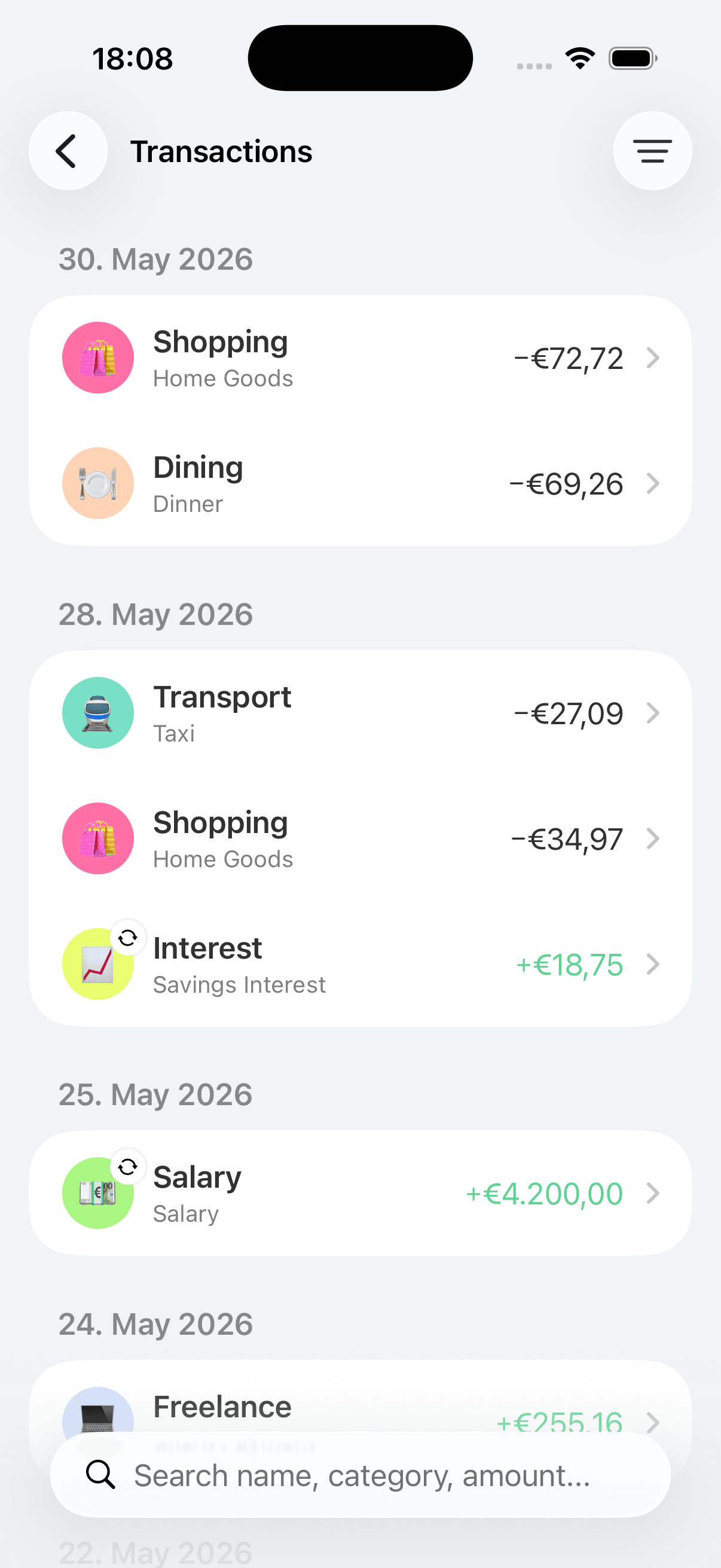 Bottomline iPhone-Bildschirm mit Tagesbudget und erfassten Ausgaben